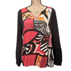 Chico's Popover Blouse Abstract Geometric Patchwork Print Red Black Size Large 2